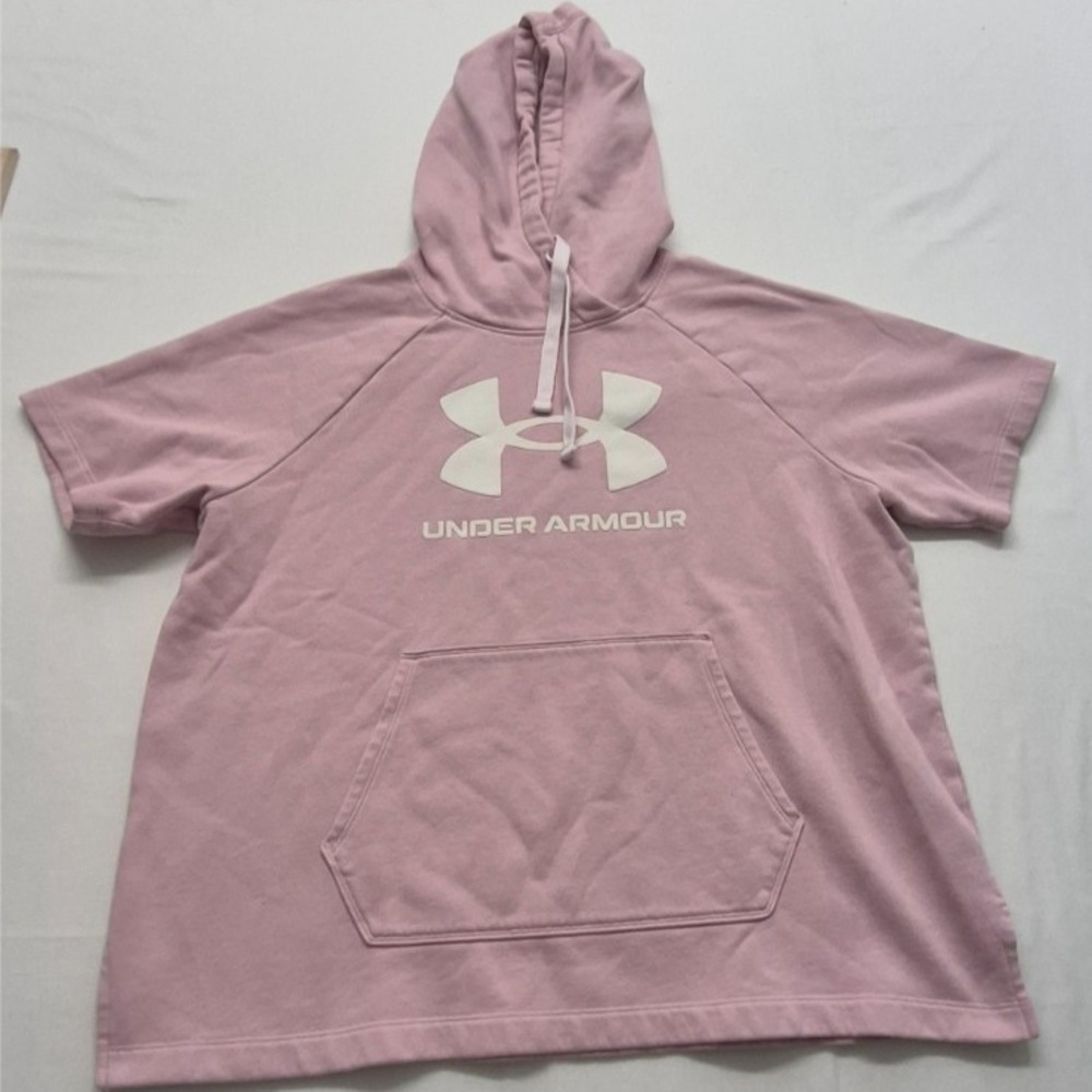 Under Armour Loose womens rival fleece pink short sleeve hoodie LG front‎ pocket